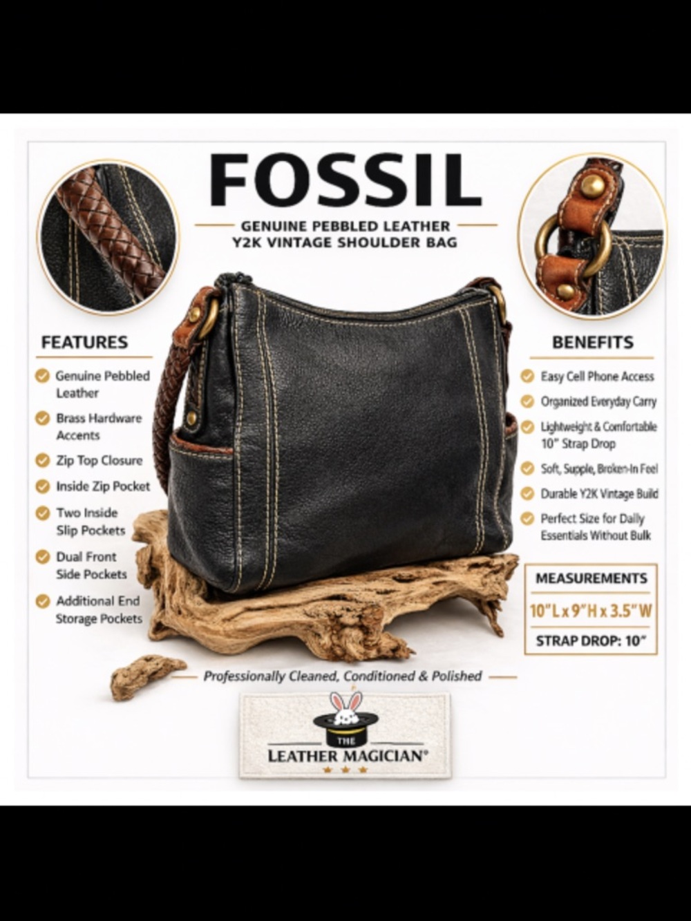 Fossil Black Leather Shoulder Bag Y2K Vintage Braided Strap Brass Hardware
